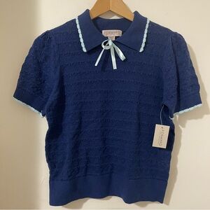 Forward Blue Knit Collared Sweater with Ribbon Detail